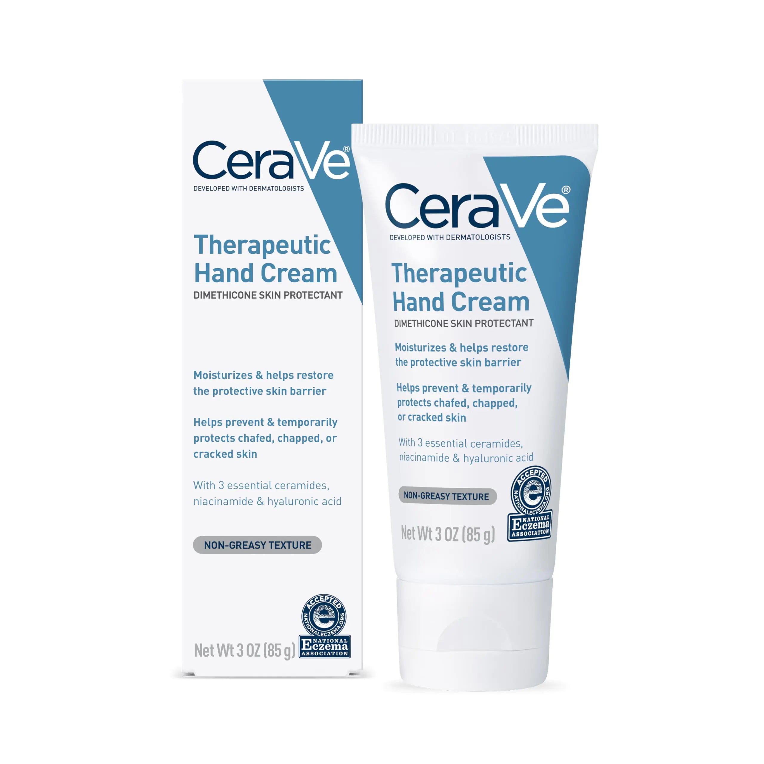 CeraVe Therapeutic Hand Cream for Dry Cracked Hands With Hyaluronic Acid and Niacinamide Fragrance Free 3 Ounce